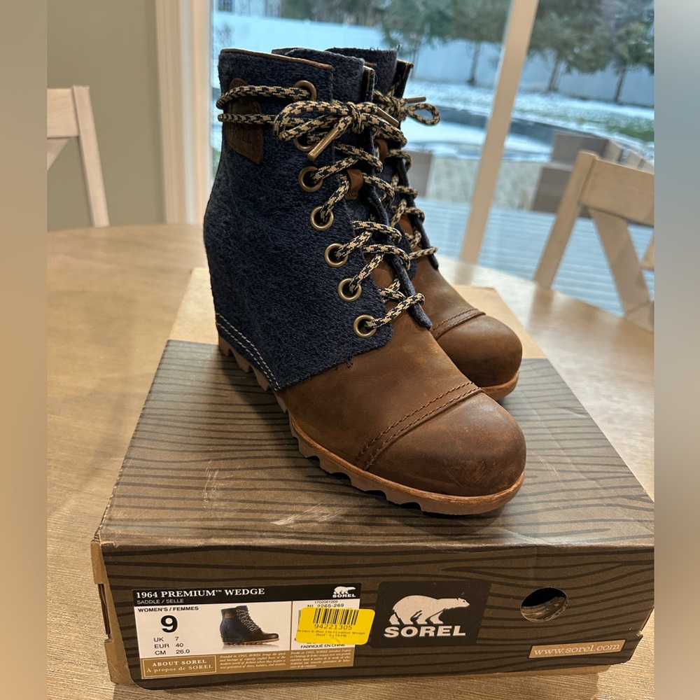 Sorel Brown Leather and Navy Wedge Lace-Up Booties